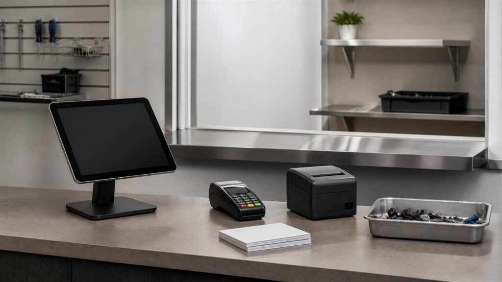 unbranded portable tablet checkout kit with card reader, compact receipt printer, charging dock, inventory scanner, and blank sales screen for a service counters buying decision
