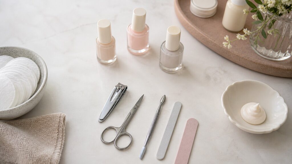 Unbranded editorial arrangement illustrating at-home manicures