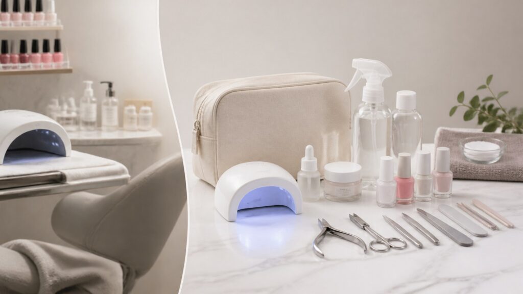 Unbranded editorial arrangement illustrating How to Choose Nail Polish for Travel Kits