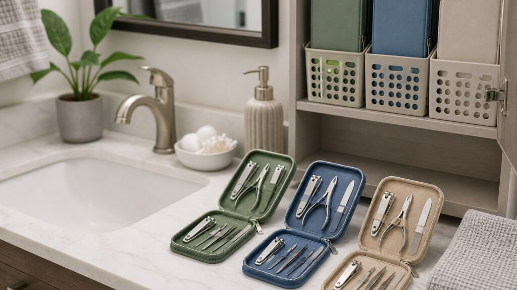 Unbranded editorial arrangement illustrating How to Choose Nail Tools for Shared Bathrooms