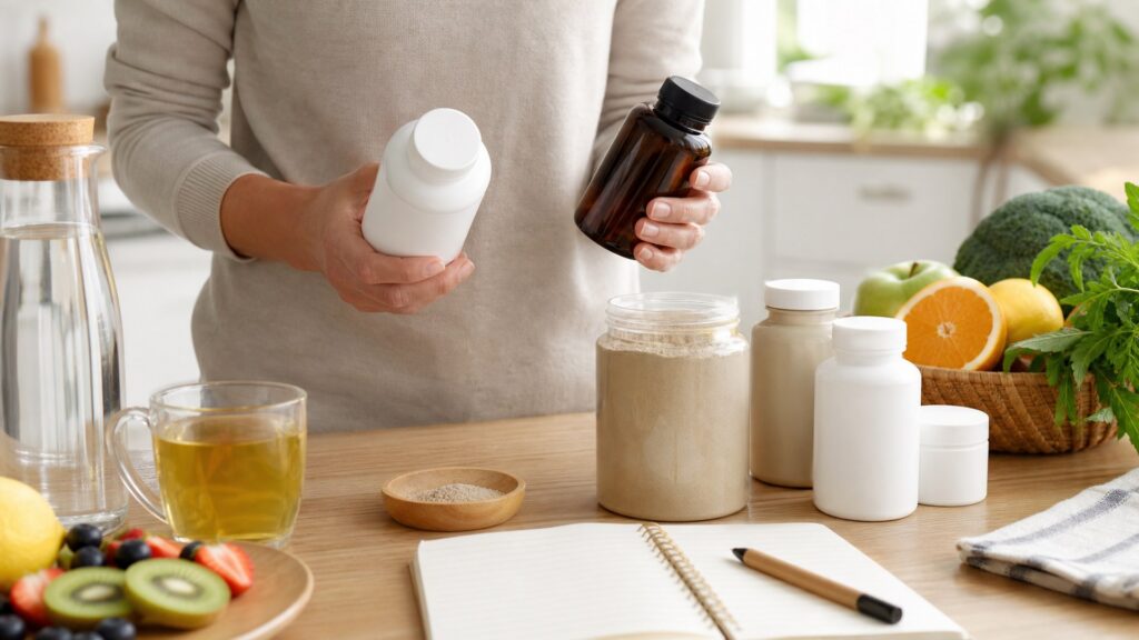 natural digestive wellness products with blank supplement bottles, tea, fruit, fiber powder, and a notebook