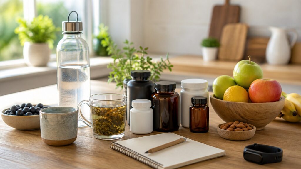 natural energy support products on a kitchen counter with fruit, tea, water, blank bottles, and a notebook