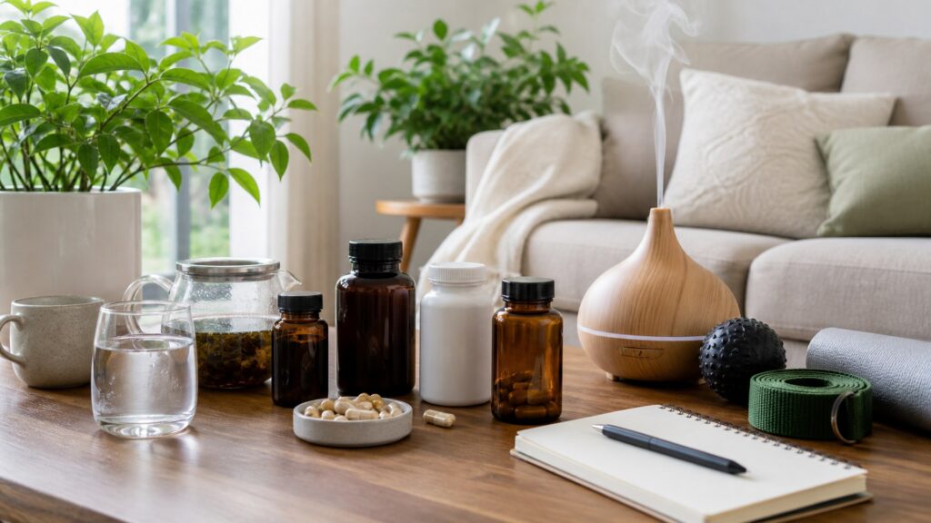 holistic wellness products in a living room with blank supplement bottles, diffuser, massage ball, yoga strap, tea, and notebook
