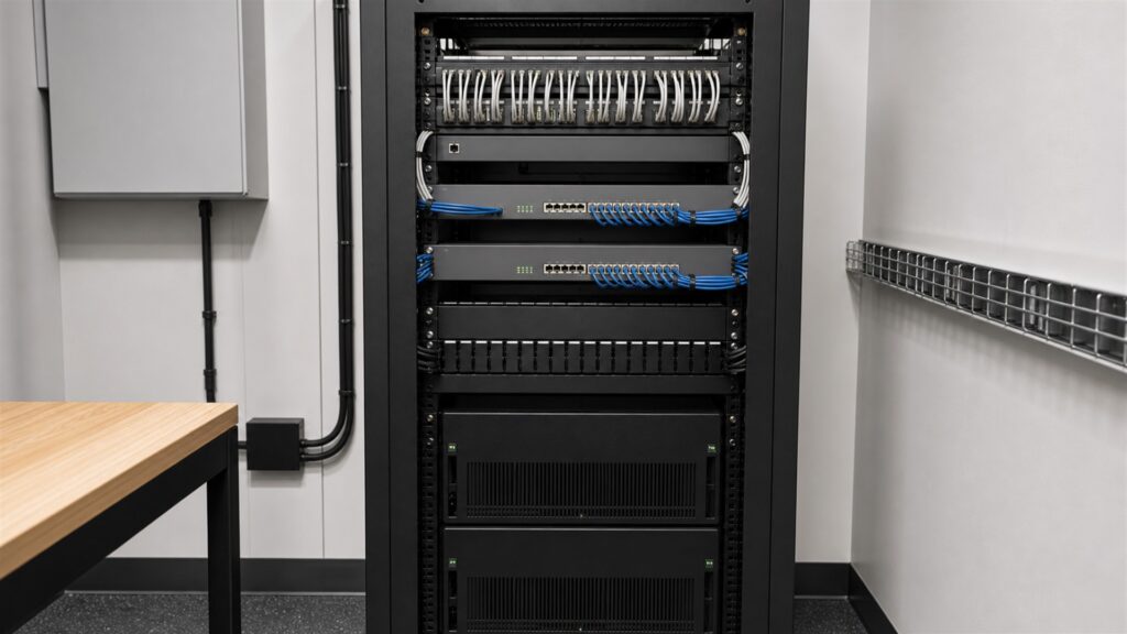 unbranded network switches, patch panels, gateway appliances, neatly routed plain cables, and clean status lights in a professional server room for a business continuity buying decision