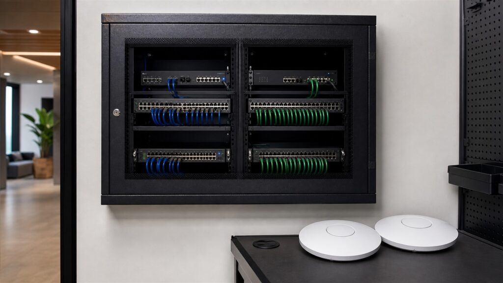 unbranded network switches, patch panels, gateway appliances, neatly routed plain cables, and clean status lights in a professional server room for a guest networks buying decision