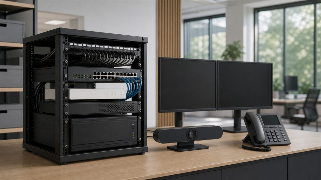 unbranded network switches, patch panels, gateway appliances, neatly routed plain cables, and clean status lights in a professional server room for a hybrid teams buying decision