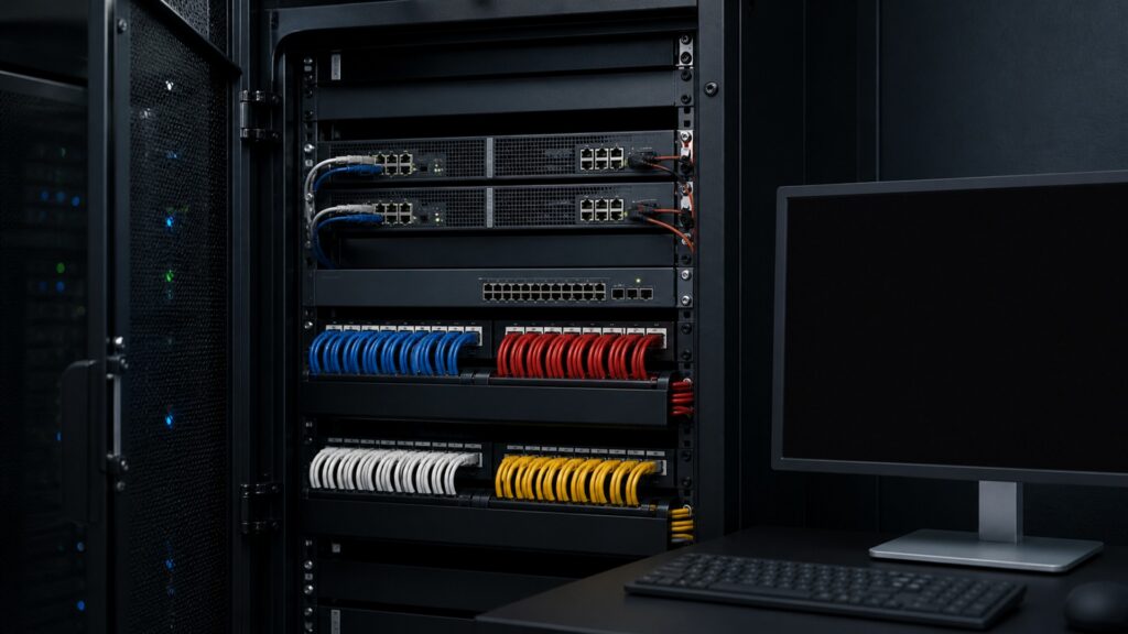 unbranded network switches, patch panels, gateway appliances, neatly routed plain cables, and clean status lights in a professional server room for a security controls buying decision