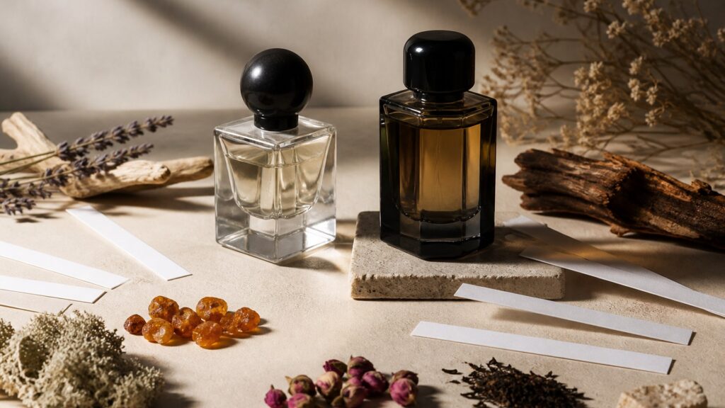 Unbranded editorial arrangement illustrating How to Choose Niche Fragrance for Layering Scents