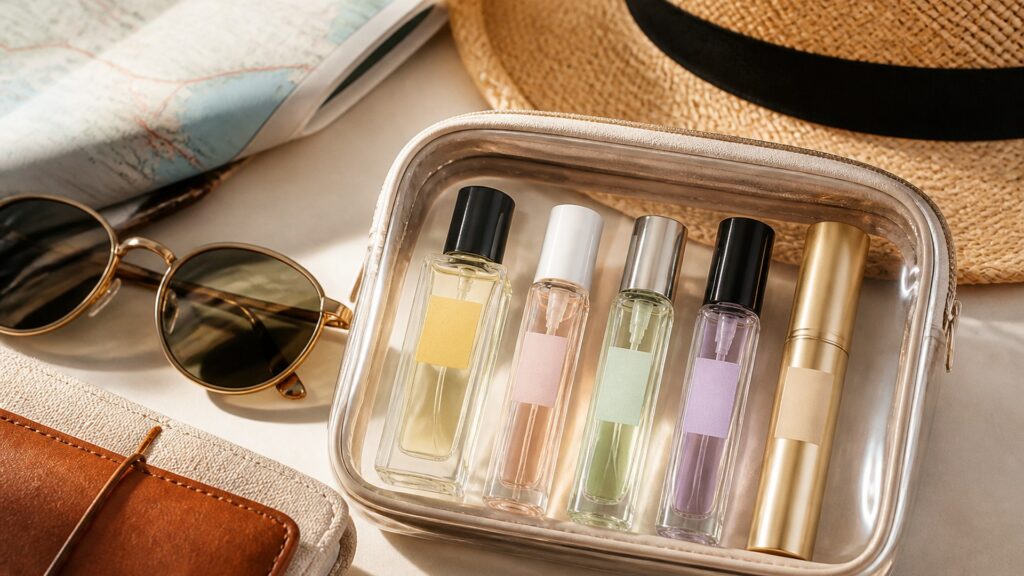 Unbranded editorial arrangement illustrating How to Choose Niche Fragrance for Travel Sizes
