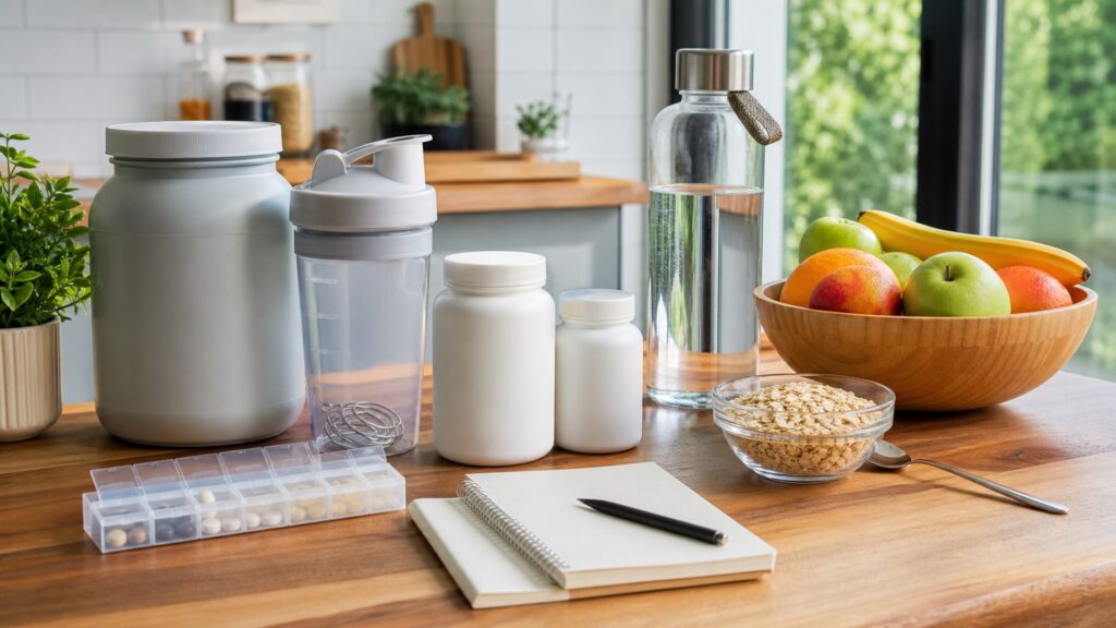daily wellness nutrition products on a kitchen table with blank bottles, protein shaker, powder tub, fruit, oats, pill organizer, and notebook