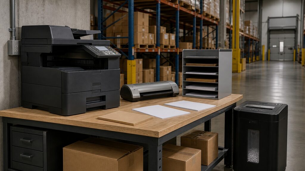 a coordinated set of unbranded office machines with blank paper and organized supplies in a professional workplace for a warehouse teams buying decision