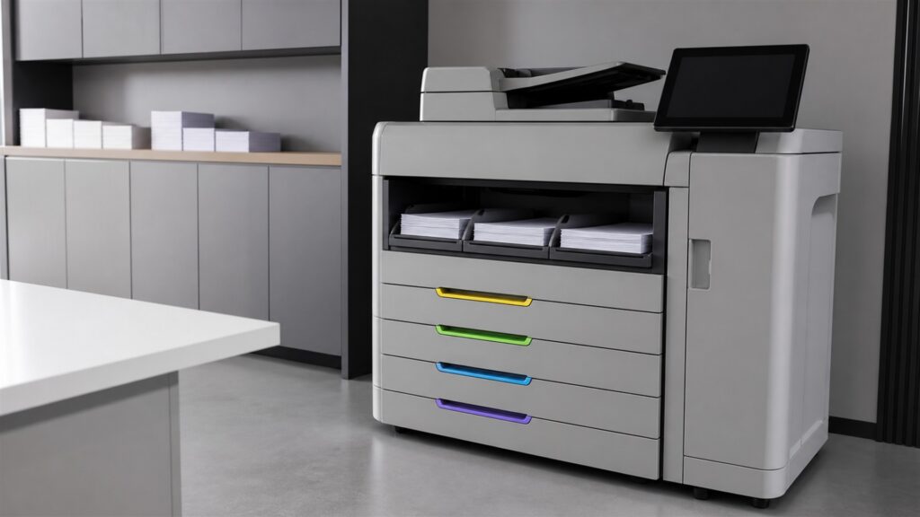 unbranded office printers, pure blank paper, and organized supply trays in a professional workplace for a document workflows buying decision
