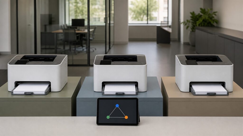 unbranded office printers, pure blank paper, and organized supply trays in a professional workplace for a multi-location businesses buying decision