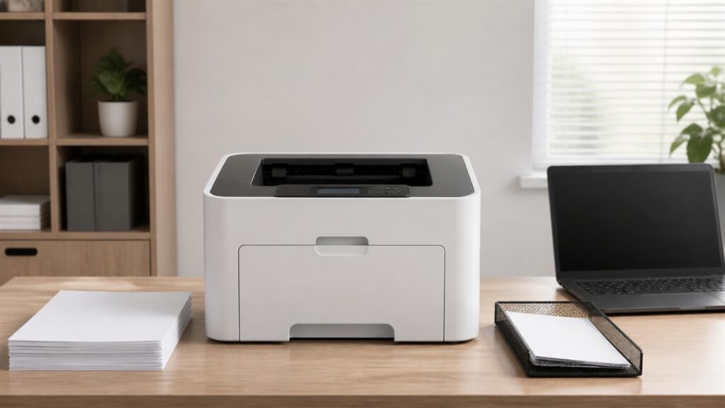 unbranded office printers, pure blank paper, and organized supply trays in a professional workplace for a small offices buying decision