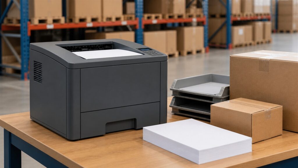 unbranded office printers, pure blank paper, and organized supply trays in a professional workplace for a warehouse teams buying decision