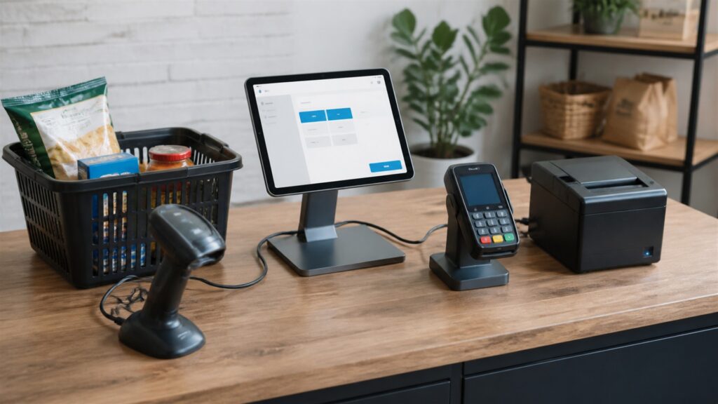 unbranded online store operations workspace with blank ecommerce dashboard, product samples, shipping boxes, barcode scanner, and packing materials for a checkout workflows buying decision