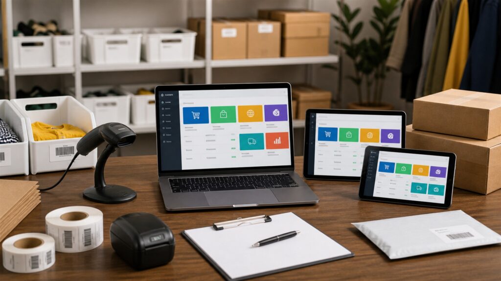 unbranded online store operations workspace with blank ecommerce dashboard, product samples, shipping boxes, barcode scanner, and packing materials for a marketplace sellers buying decision