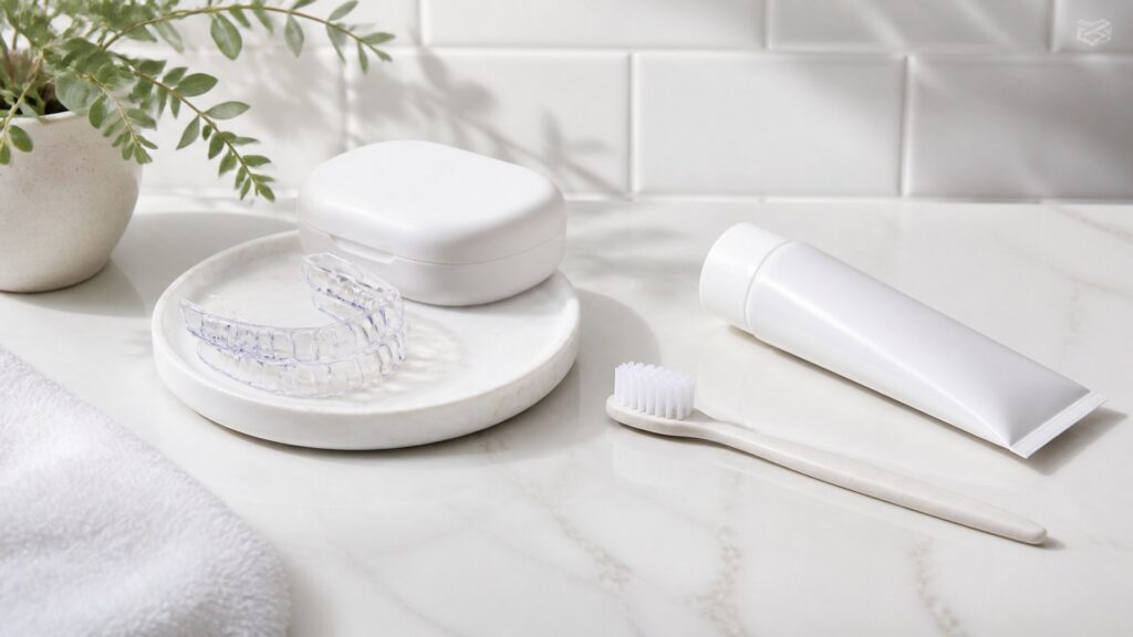 Unbranded editorial arrangement illustrating whitening teeth