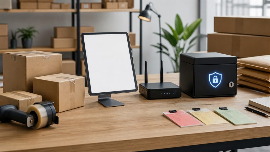 unbranded ecommerce payment engineering bench with secure payment terminal, blank checkout tablet, gateway appliance, test cards without markings, architecture cards, and status lights for a online payments buying decision