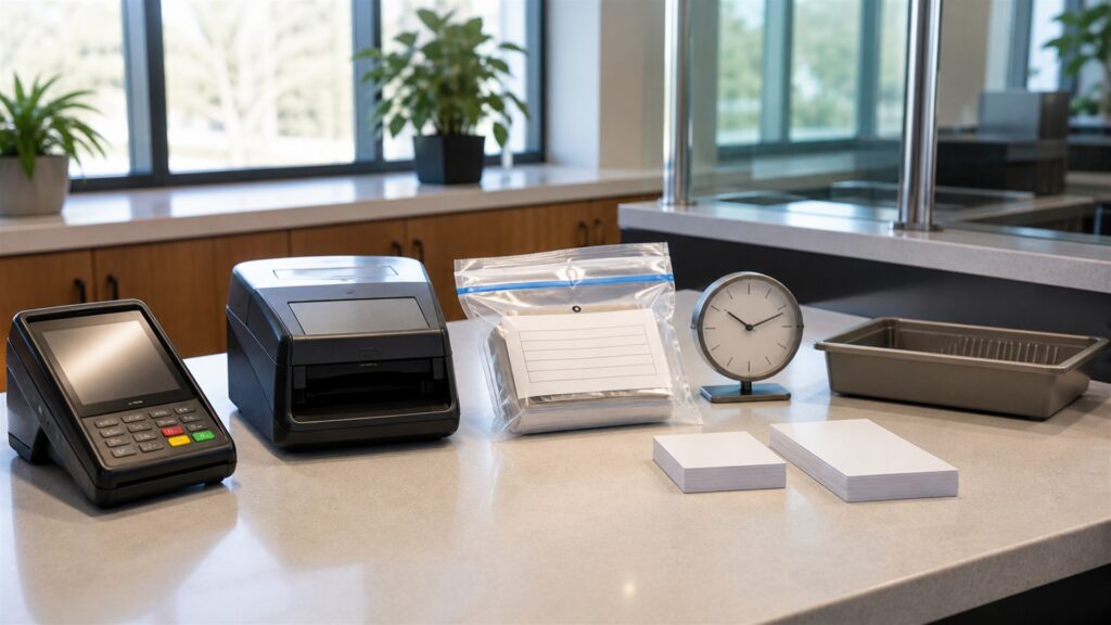 unbranded payment operations command table with several payment terminals, blank settlement screens, payout ledger cards, sealed deposit pouch, and regional currency trays without text for a fast deposits buying decision