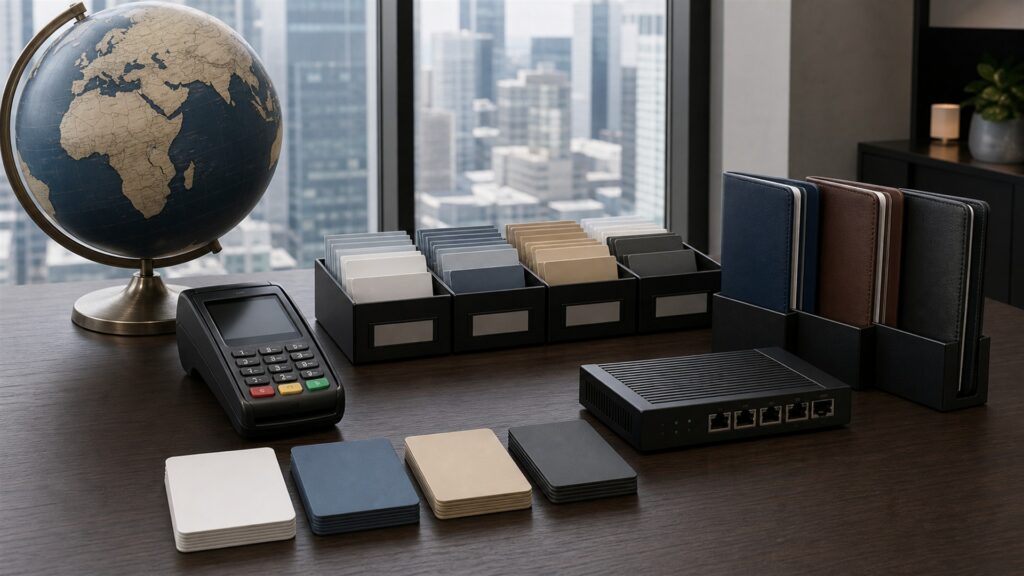 unbranded payment operations command table with several payment terminals, blank settlement screens, payout ledger cards, sealed deposit pouch, and regional currency trays without text for a international customers buying decision