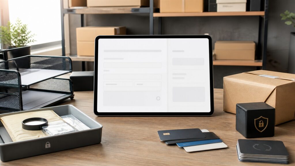 unbranded payment operations command table with several payment terminals, blank settlement screens, payout ledger cards, sealed deposit pouch, and regional currency trays without text for a online payments buying decision
