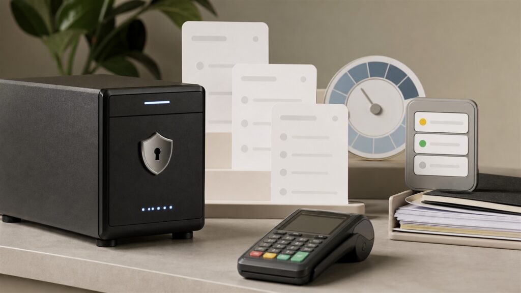 unbranded payment operations command table with several payment terminals, blank settlement screens, payout ledger cards, sealed deposit pouch, and regional currency trays without text for a recurring billing buying decision