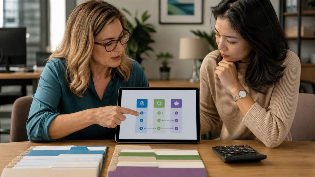 HR and payroll administrators reviewing unbranded workforce records and pay calendar for a benefits administration buying decision