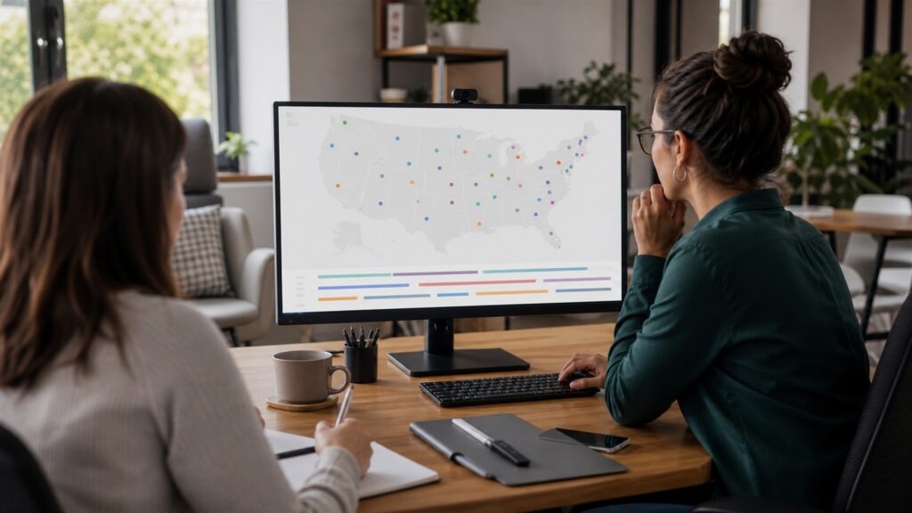 HR and payroll administrators reviewing unbranded workforce records and pay calendar for a remote teams buying decision