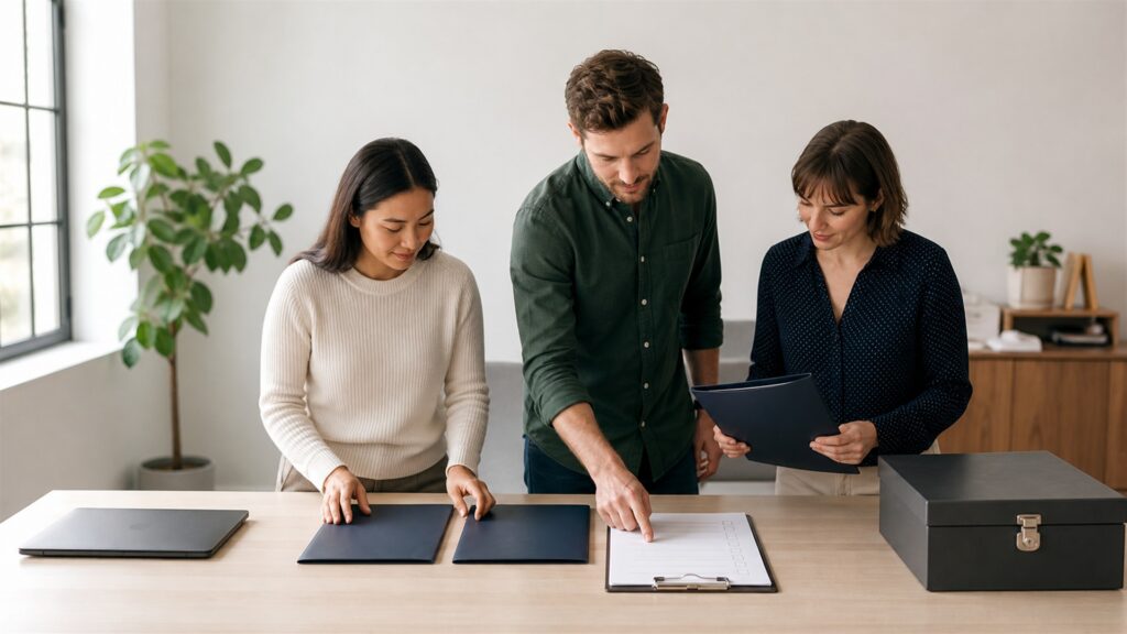 HR and payroll administrators reviewing unbranded workforce records and pay calendar for a startups buying decision