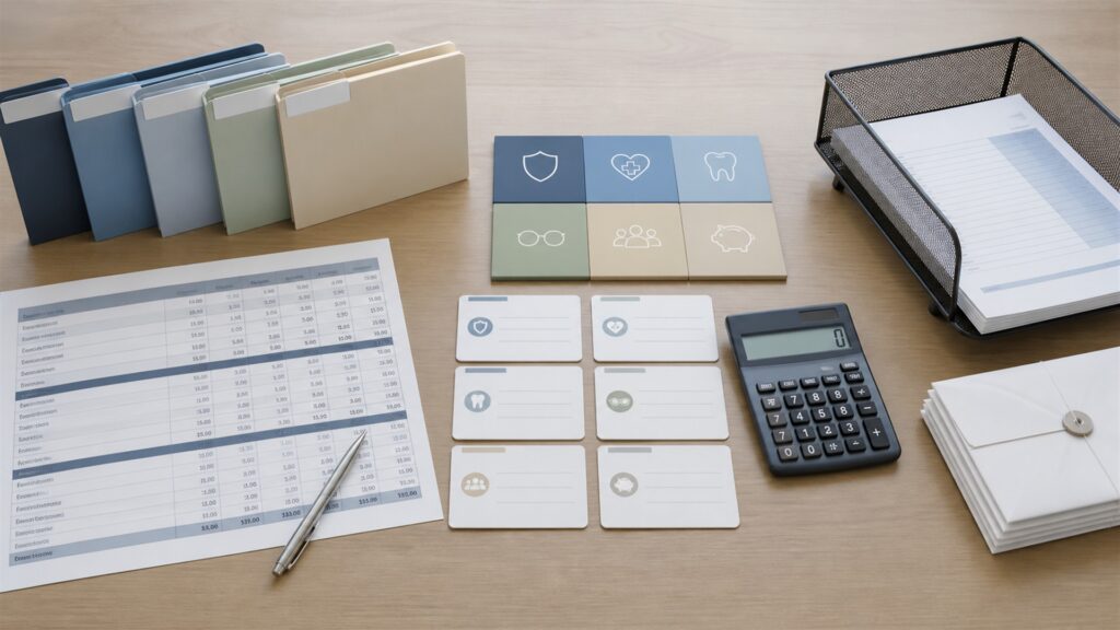 unbranded payroll review desk with blank payroll register screen, timecards, secure employee folders, calculator, sealed pay envelopes, approval stamp, and filing calendar for a benefits administration buying decision