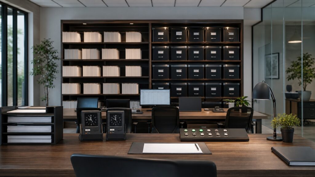 unbranded payroll review desk with blank payroll register screen, timecards, secure employee folders, calculator, sealed pay envelopes, approval stamp, and filing calendar for a growing companies buying decision