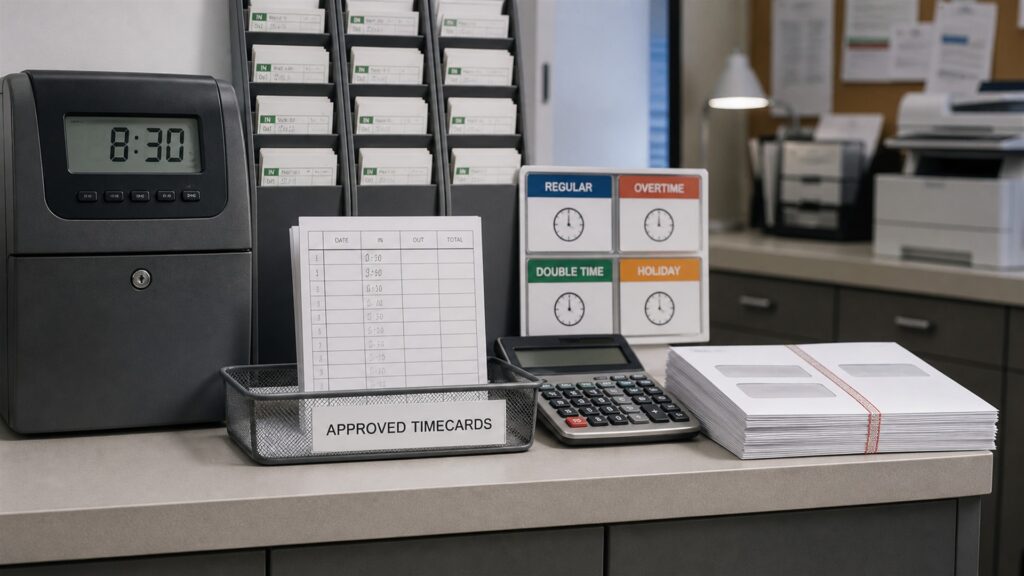 unbranded payroll review desk with blank payroll register screen, timecards, secure employee folders, calculator, sealed pay envelopes, approval stamp, and filing calendar for a hourly employees buying decision