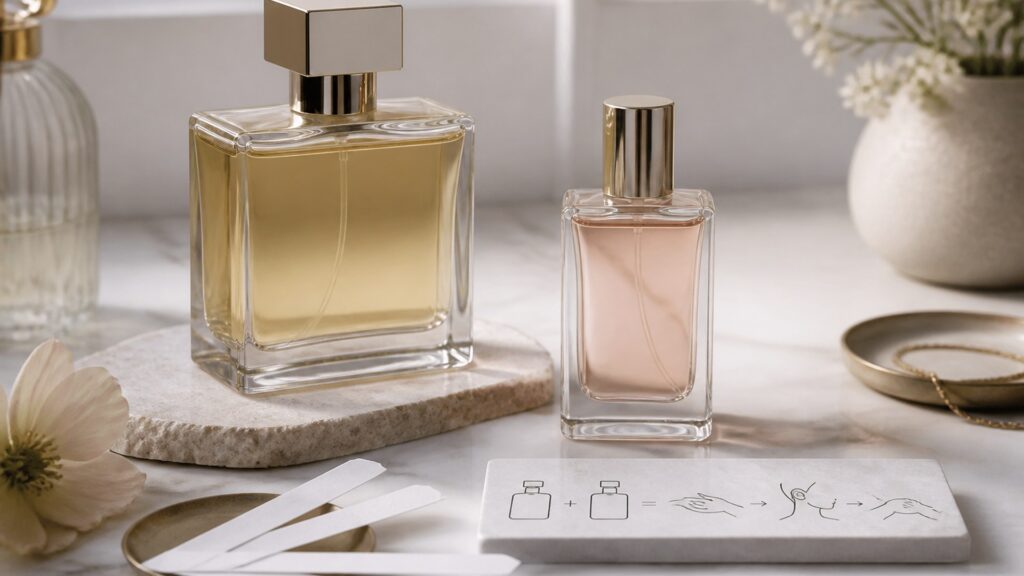Unbranded editorial arrangement illustrating How to Choose Perfume for Layering Scents