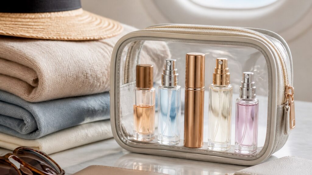 Unbranded editorial arrangement illustrating How to Choose Perfume for Travel Sizes