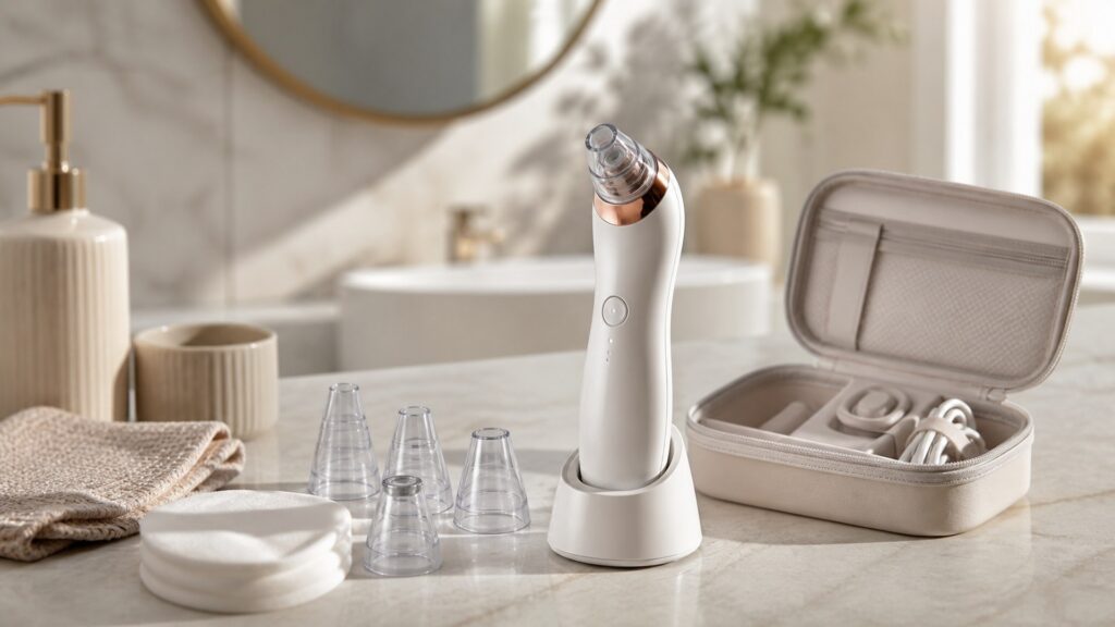 Unbranded pore vacuum devices arranged for a charging, cleaning, and storage buying guide