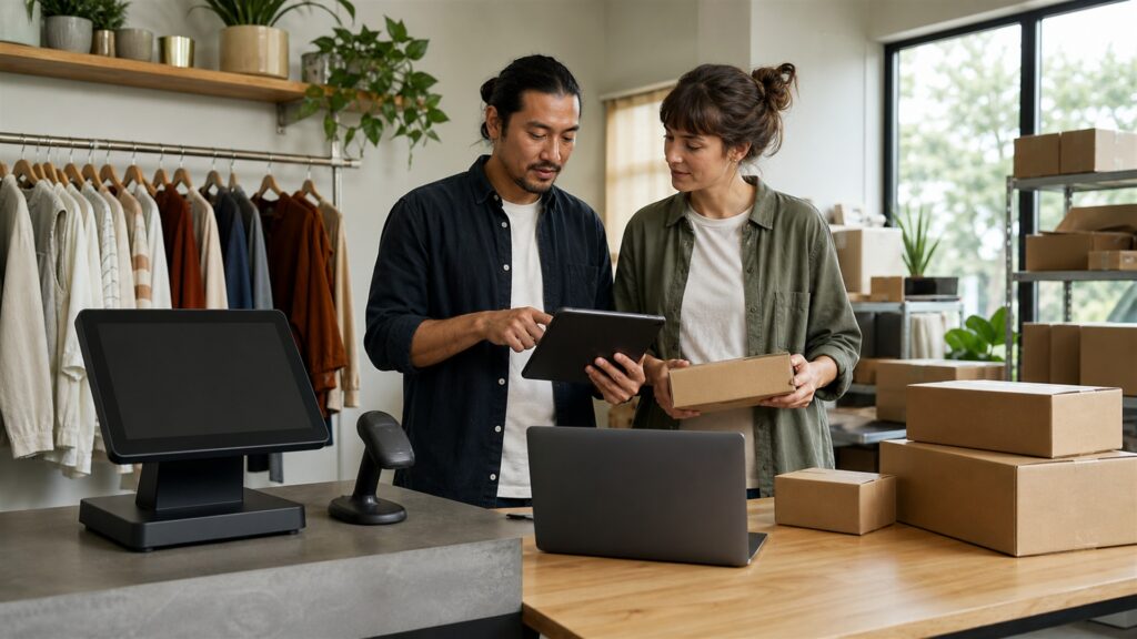 store operations team evaluating unbranded point-of-sale terminal during a realistic checkout for a ecommerce integration buying decision