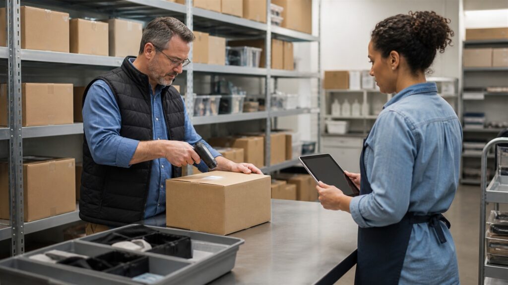 store operations team evaluating unbranded point-of-sale terminal during a realistic checkout for a inventory management buying decision