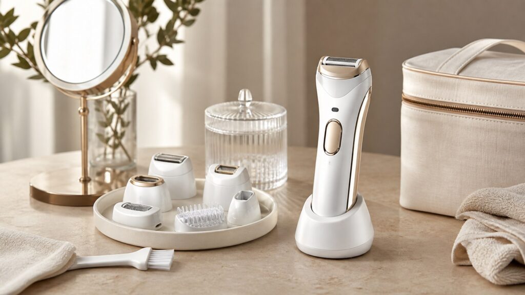 Unbranded precision hair removal devices arranged for a charging, cleaning, and storage buying guide