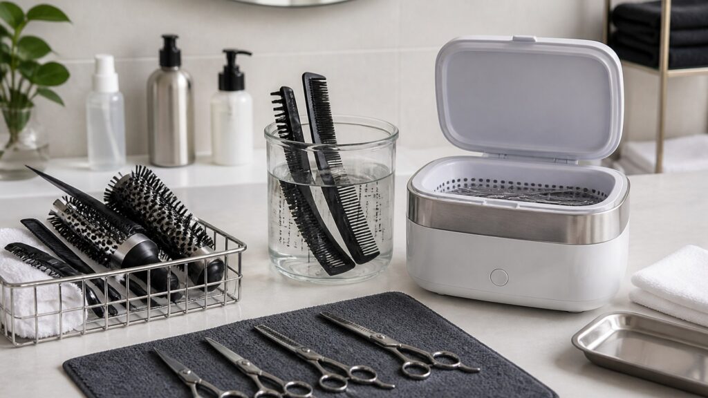 Unbranded editorial arrangement illustrating How to Choose Professional Hair Tools for Tool Sanitation