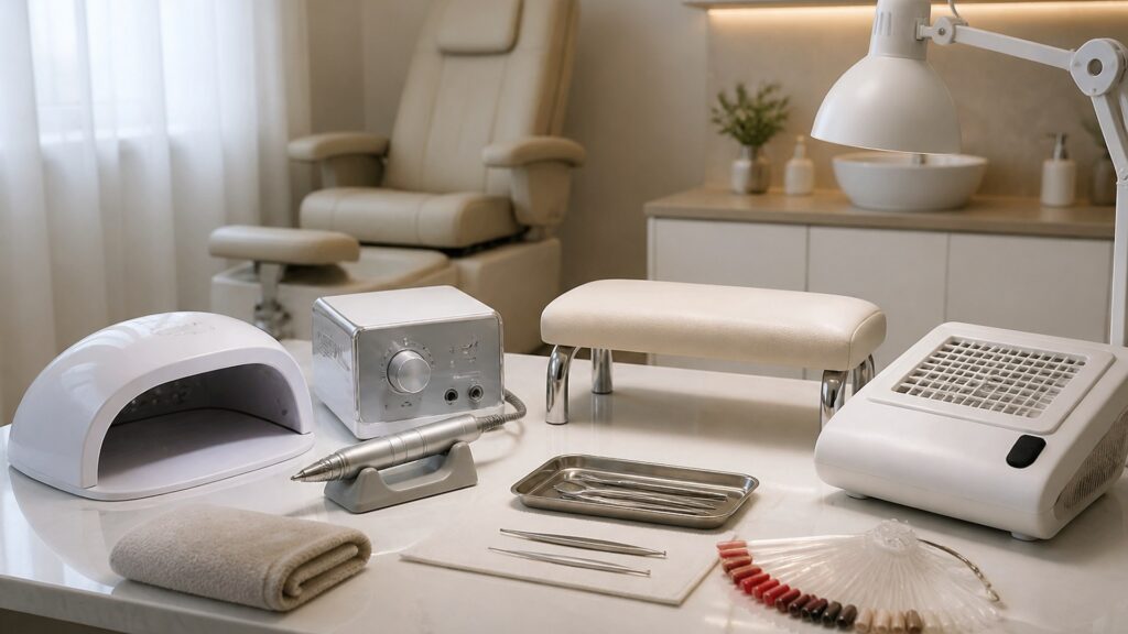 Unbranded editorial arrangement illustrating How to Choose Professional Nail Equipment for Spa Rooms