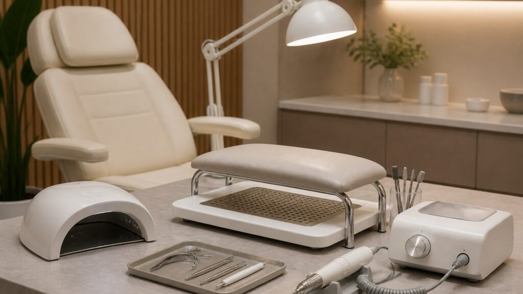 Unbranded editorial arrangement illustrating How to Choose Professional Nail Equipment for Treatment Rooms