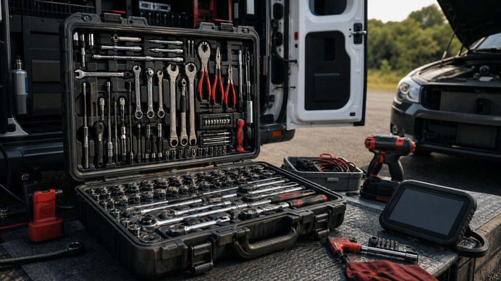 professional tool kits shopping setup for mobile mechanic kits with practical vehicle-focused details