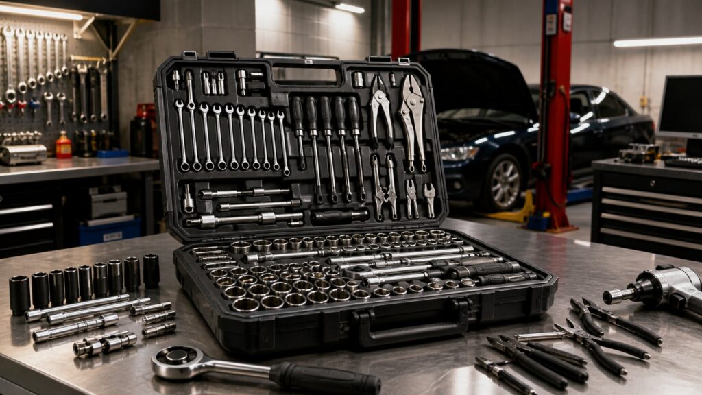 professional tool kits shopping setup for professional shop use with practical vehicle-focused details