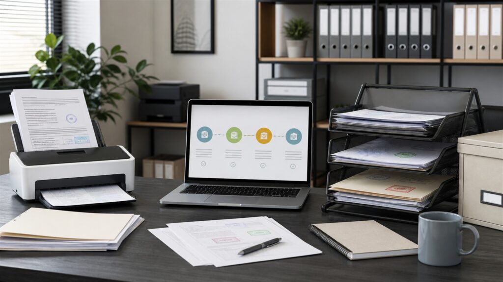 unbranded project delivery workspace with blank timeline monitor, planning board, notebooks, risk cards, headset, and organized project folders for a document workflows buying decision