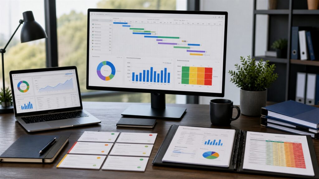 unbranded project delivery workspace with blank timeline monitor, planning board, notebooks, risk cards, headset, and organized project folders for a operational reporting buying decision