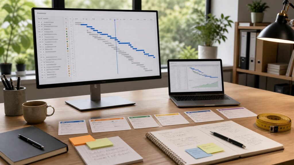 unbranded project delivery workspace with blank timeline monitor, planning board, notebooks, risk cards, headset, and organized project folders for a project delivery buying decision