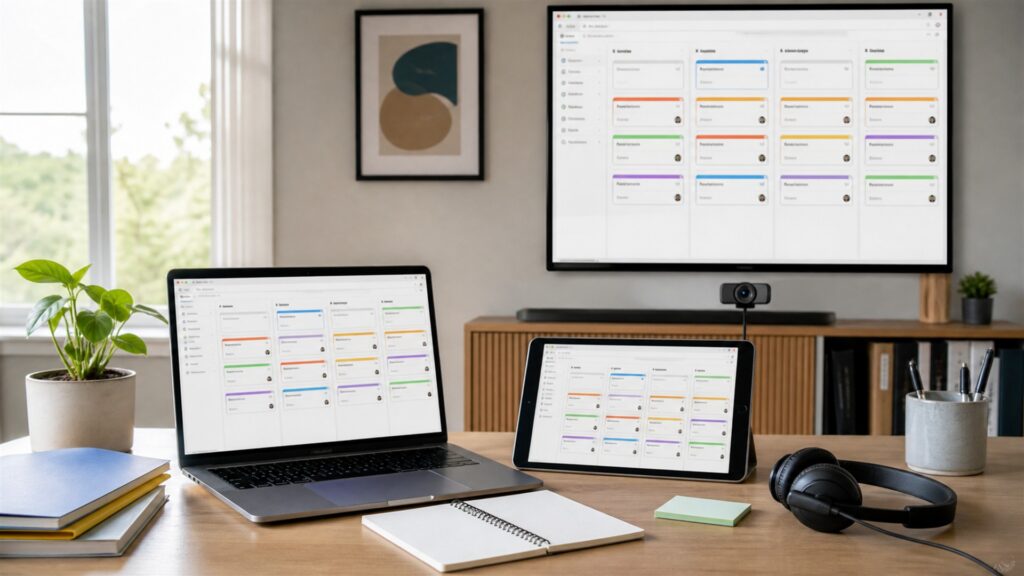 unbranded project delivery workspace with blank timeline monitor, planning board, notebooks, risk cards, headset, and organized project folders for a remote collaboration buying decision