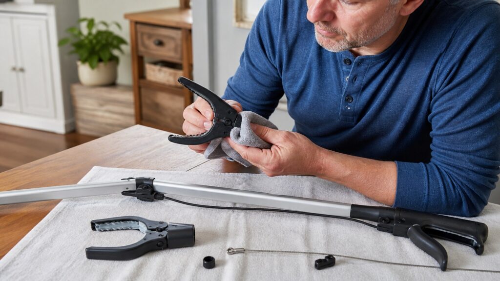 Unbranded reacher grabber tools arranged to compare shaft length and trigger force