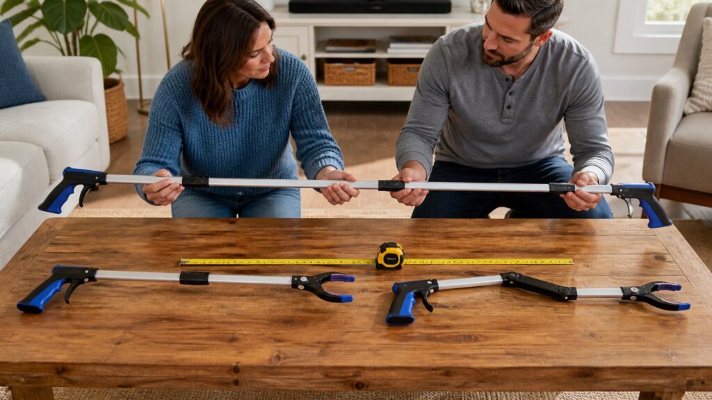 Unbranded reacher grabber tools arranged to compare tool weight and wrist rotation control